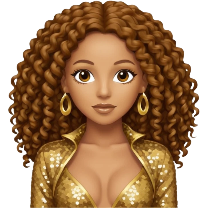 Mel B from Spice Girls with long brown curly hair, gold sequin outfit emoji