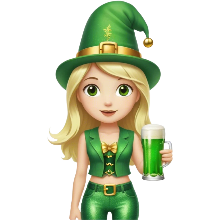 Blonde haired girl in glittery green bell bottoms and tall leprechaun hat holding a green beer emoji
