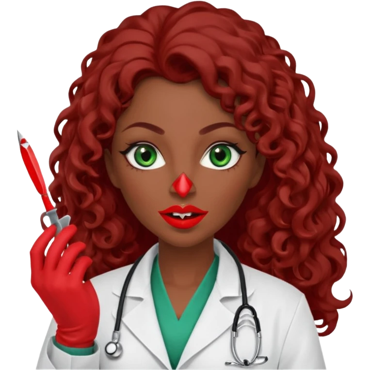 Lilith symbol sexy evil woman. She has green eyes.  had brown long curly hair.  evil surgeon kills with scalpel wears red sexy doctor coat with red mouth cover red gloves. Covers nose, neck  and mouth with Muslim red berka emoji