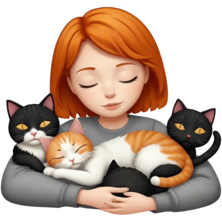 Ginger Girl short hair sleeping with two cats a black and a white bigger cat  emoji