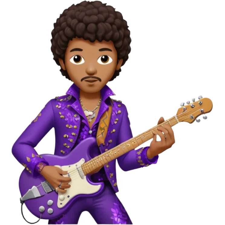 Jimi Hendrix with dark brown hair, dark purple sequin outfit emoji