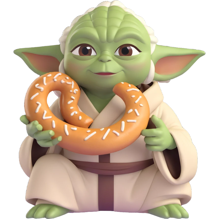 Yoda posing with a simit, happy and relaxed, simple background emoji