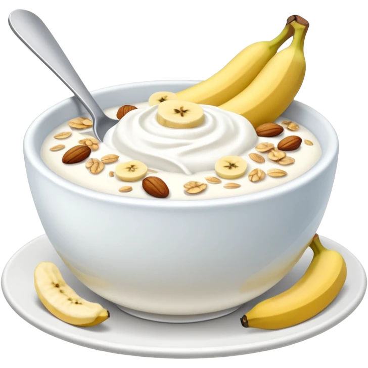 Crüsli-müsli, nøtter, blåbær, bananskiver, med Kefir-Biola-yoghurt i skål  emoji