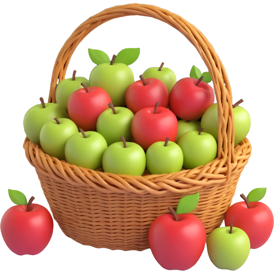 3D wicker basket with handles and detailed weave filled with apples, no text emoji