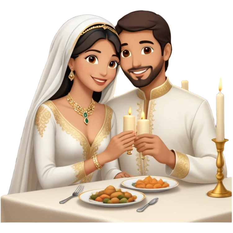 intimate moment a Arab couple at candlelit dinner. The woman, dressed in a sophisticated white gown with delicate jewelry, smiles as her partner, wearing a traditional black and gold bisht with a white ghutra, leans in to whisper or kiss her cheek. Their hands are gently intertwined on the table,M emoji