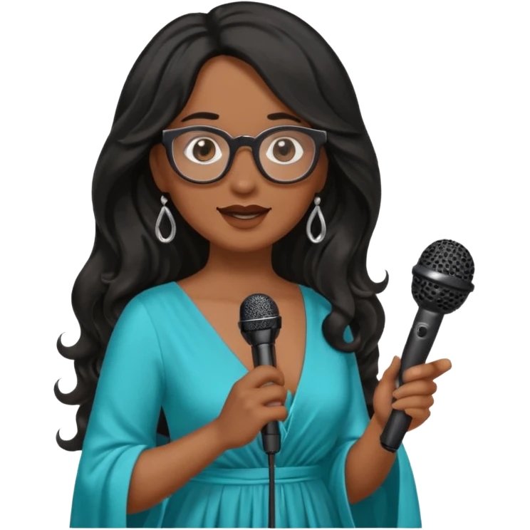 singer, Middle age, long wavy black hair, brown skin, wearing dress, holding mic, glasses emoji