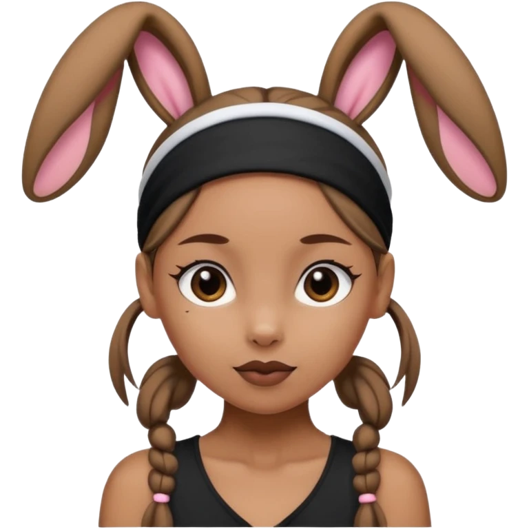 "A tan-skinned person with a high brown ponytail wearing a headband with black bunny ears. The character is dressed in a stylish black outfit. The emoji style should be cute, expressive, and modern — simple but detailed enough to show the ponytail, bunny ears, and outfit clearly." emoji