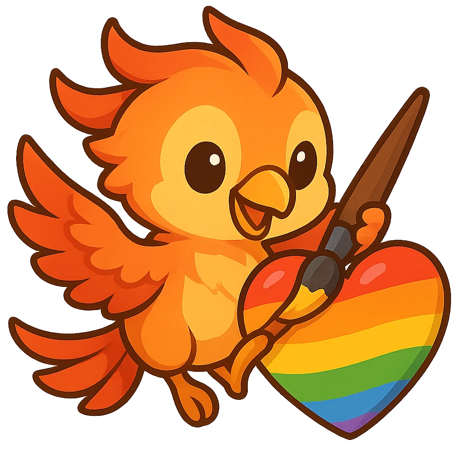 A phoenix holding a brush, applying colors inside a heart emoji, energetic and friendly feeling, modern lines emoji