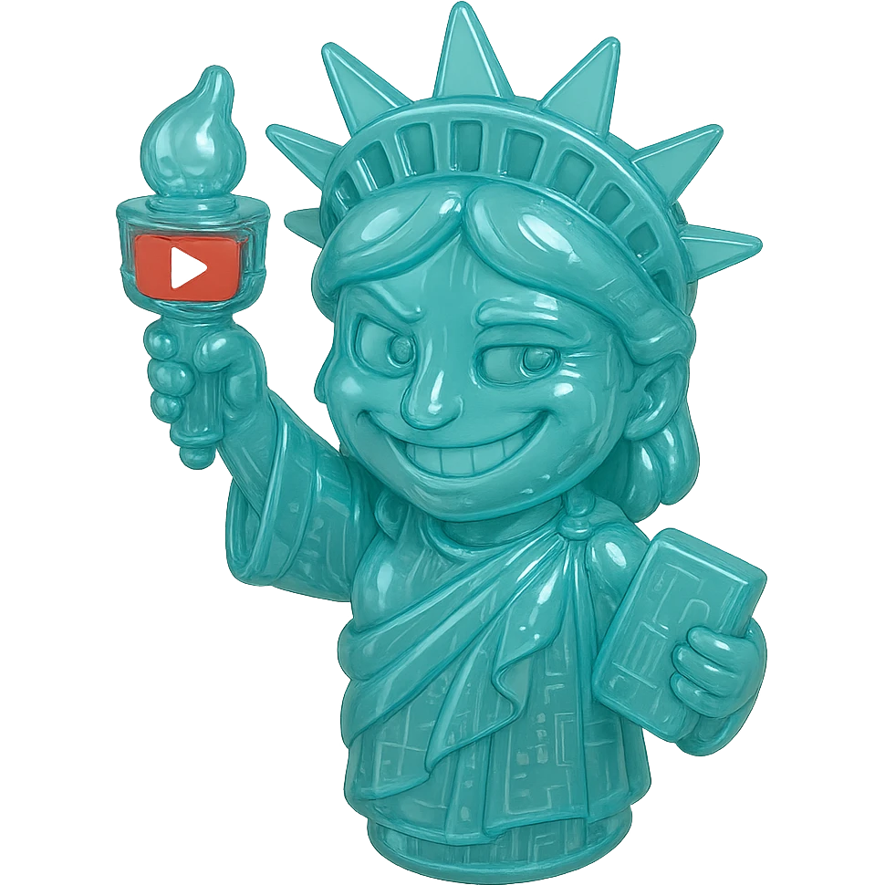 Statue of Liberty with a playful sarcastic grin, red YouTube play button, glossy circuit style emoji