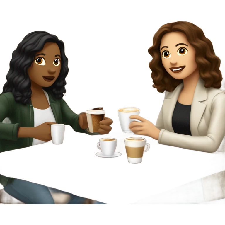 puerto rican woman light skin with shoulder-length, wavy, brown hair drinking latte with Italian Roman woman with black, straight hair drinking espresso at table emoji