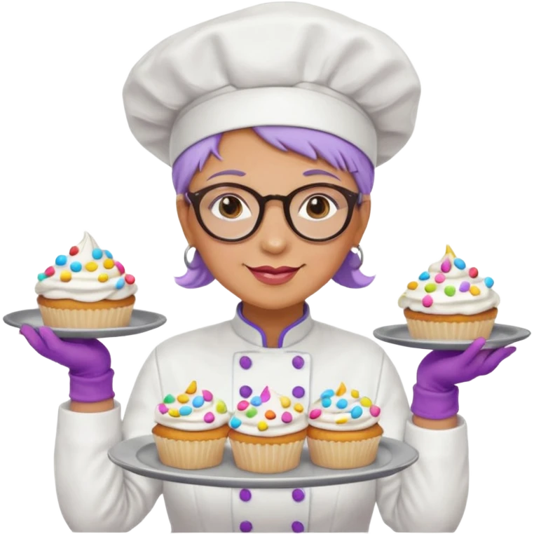 Older female pastry chef – round glasses, oven mitts on, holding a tray of cupcakes

 emoji