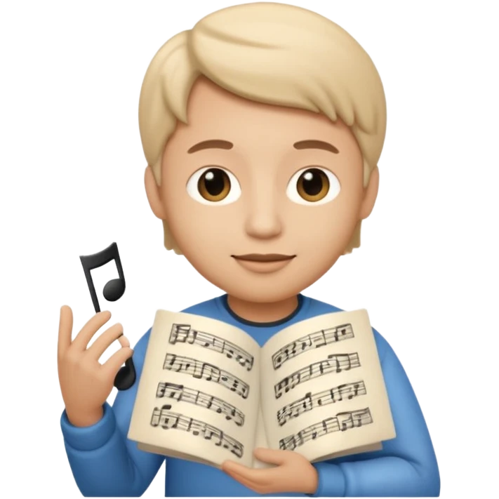 Apple Memoji-style 3D emoji of a composer holding sheet music, soft shading, rounded shapes, no background. emoji