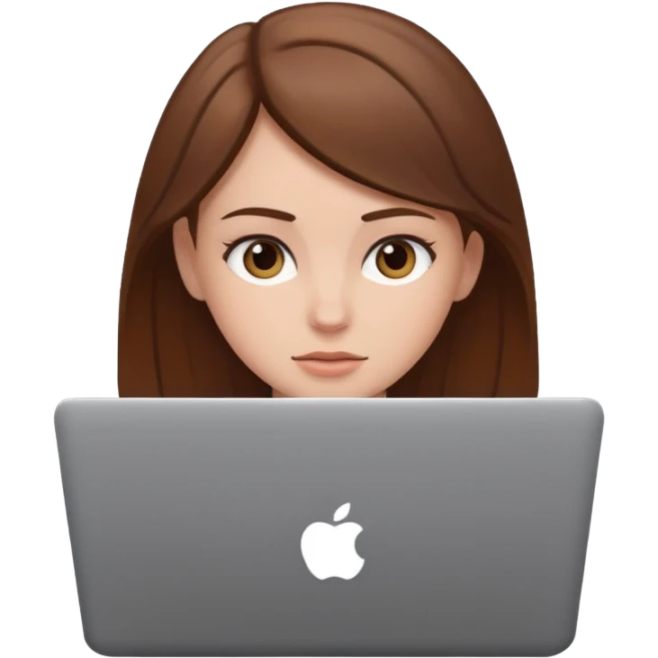 white girl with brown hair using a laptop, focused expression emoji