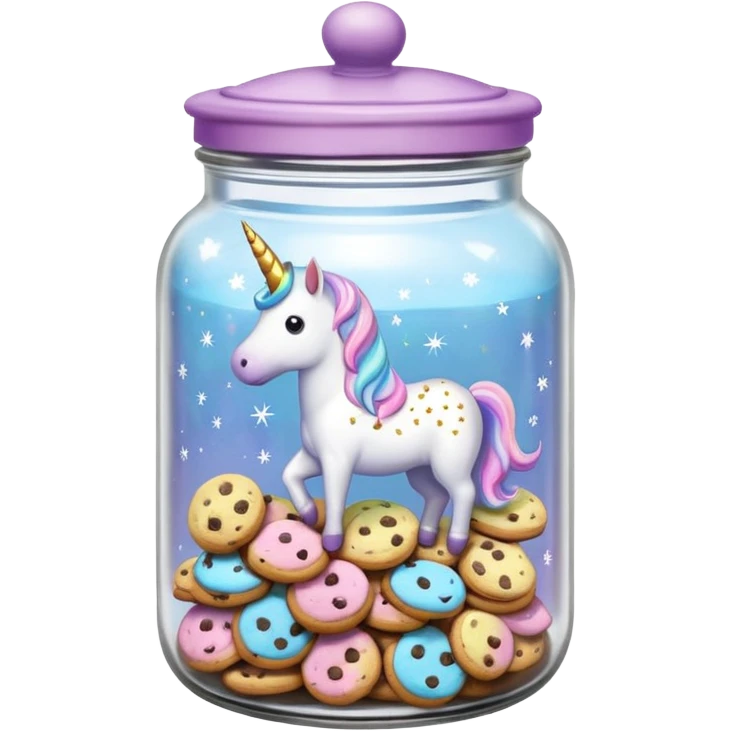 A sparkly pastel chewy chocolate chip unicorn cookie in an organized jar, saying "Cookie Jar" with some small illustrations on the jar to indicate there's cookies stored instead emoji