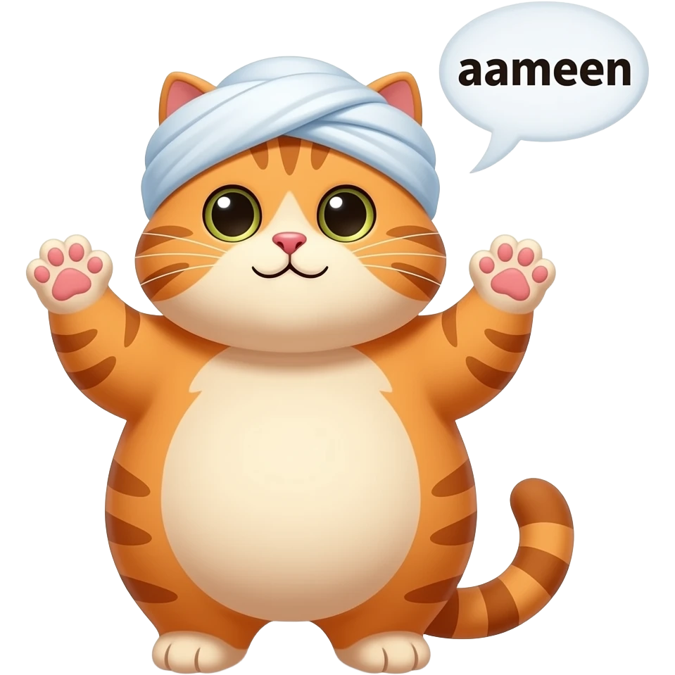 A fat orange cat with a muslim turban joa fat orange cat wearing turban raises both paws towards the skyin prayer wit and says aameen in a speech bubble emoji