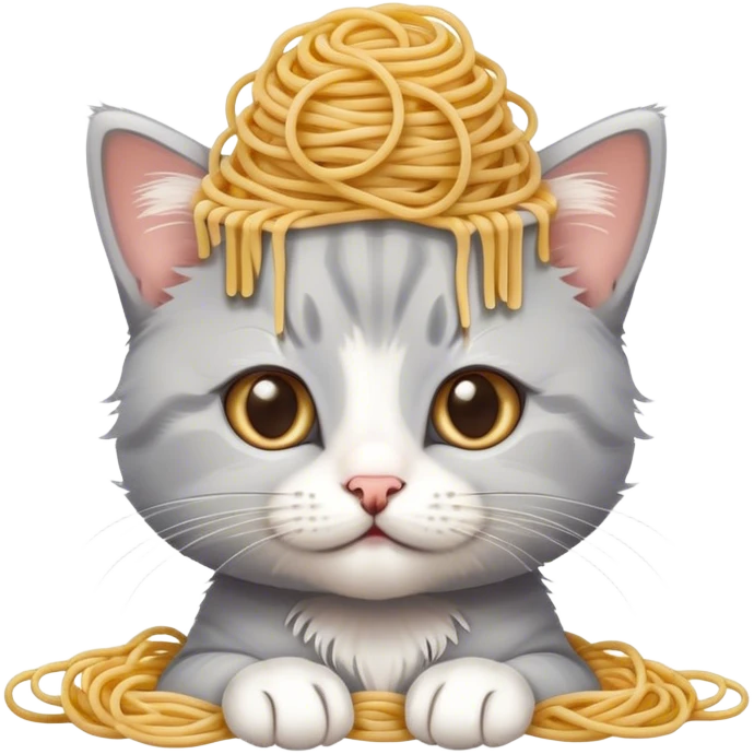 gray and white kitten with spaghetti on its head emoji