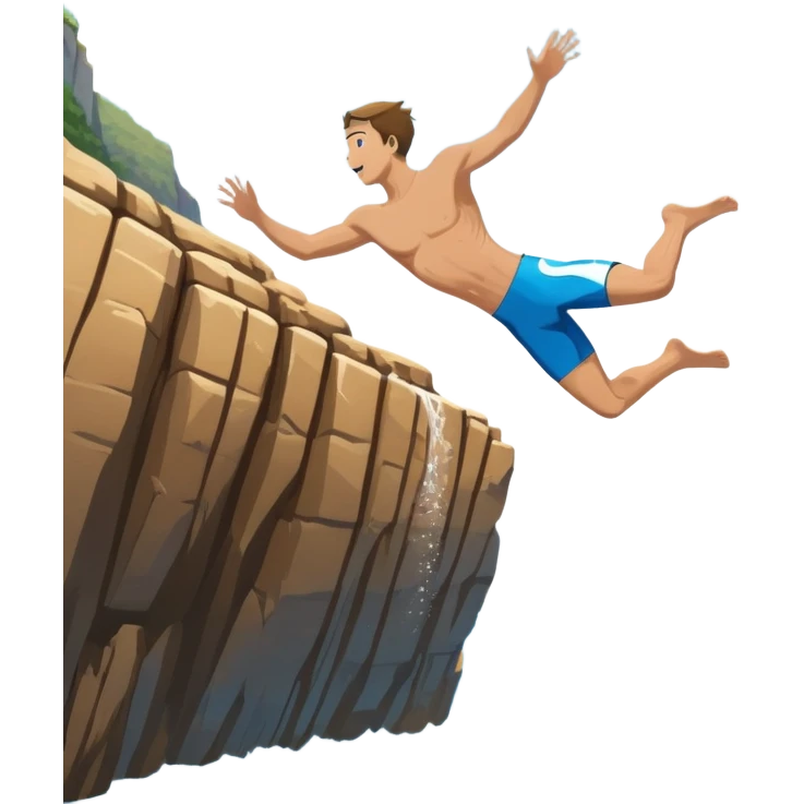 A diver mid-air, plunging from a high cliff into the sparkling ocean below. The background features rugged cliffs, clear blue water, and a bright sky, emphasizing the excitement and danger of the sport with a sense of freedom and adventure. emoji