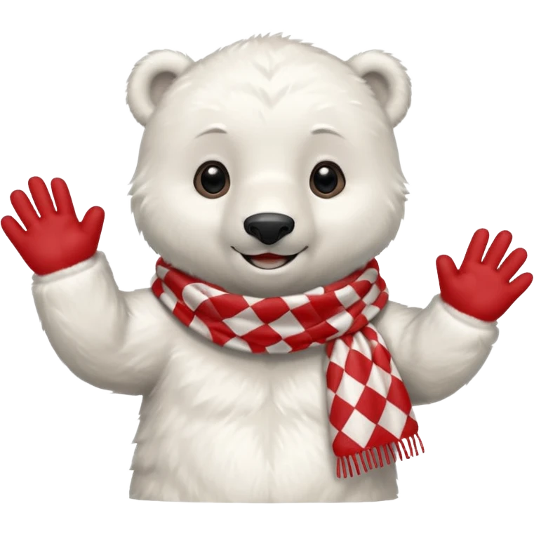 baby Polar Bear, smiling, hi five, wearing red Checkered Triangle scarf emoji