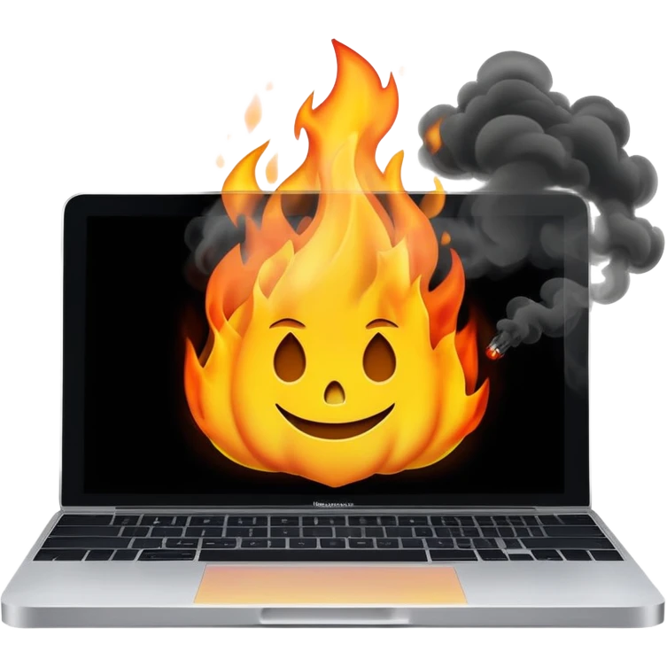 burning MacBook with smoke and fire emoji