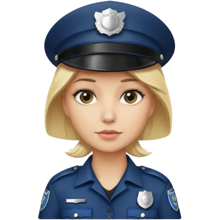A blonde woman wearing a dark police hat with a silver badge, looking straight ahead with a calm expression. emoji