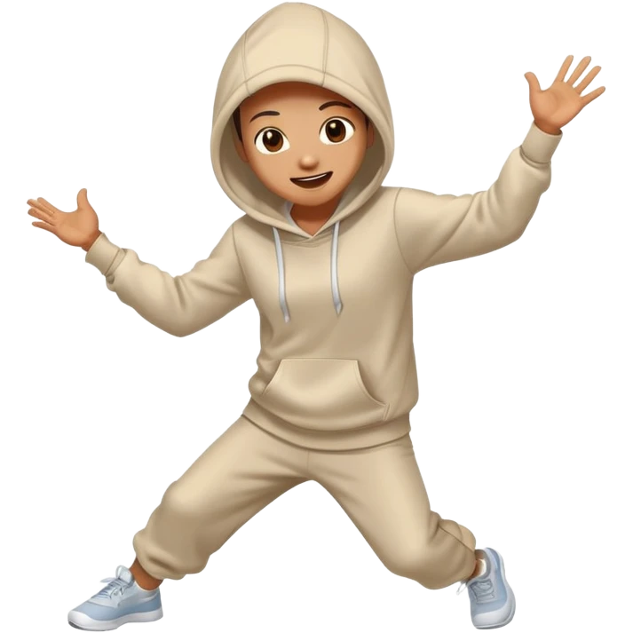 a person dancing energetically wearing a hoodie with a cheerful expression emoji