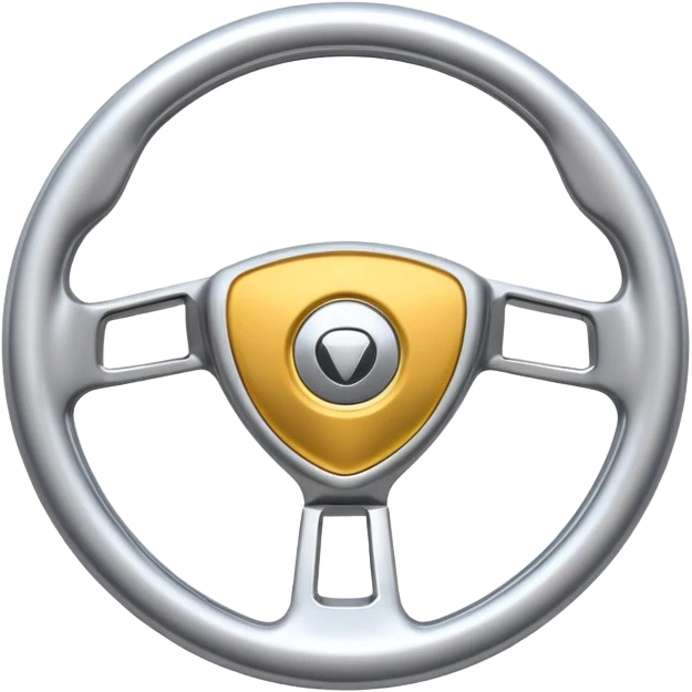 A futuristic steering wheel emoji made of silver chrome, minimal geometric design, smooth metallic surface, soft reflections, iOS emoji style, centered, clean white background emoji