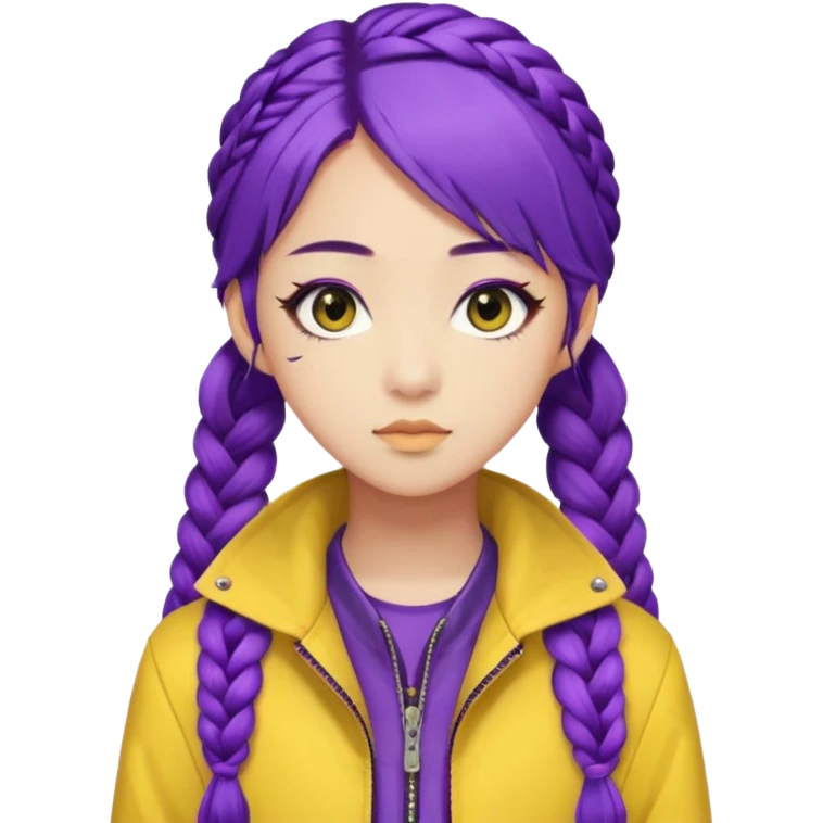 kpop hunters Rumi purple hair one large braid, asian, yellow jacket and wearing eyeliner emoji