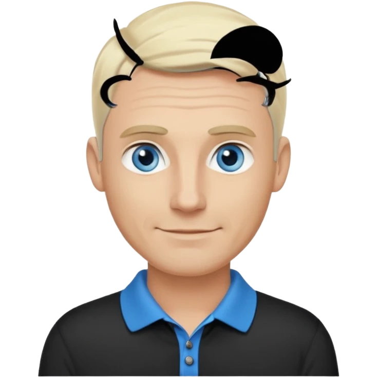 Avatar pic male 35 years old gray hair blue eyes clean shaven blonde eyebrows high cheekbones sly smile long eyelashes wearing a black golf shirt emoji