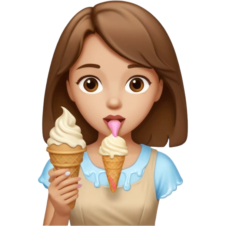 Un fille  brune au vêtement  beige qui mange une glace emoji