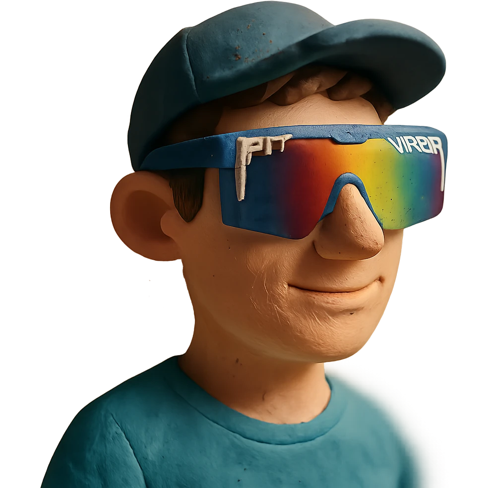 claymation style guy with brown hair, baseball cap, wearing polarized Pit Viper glasses emoji