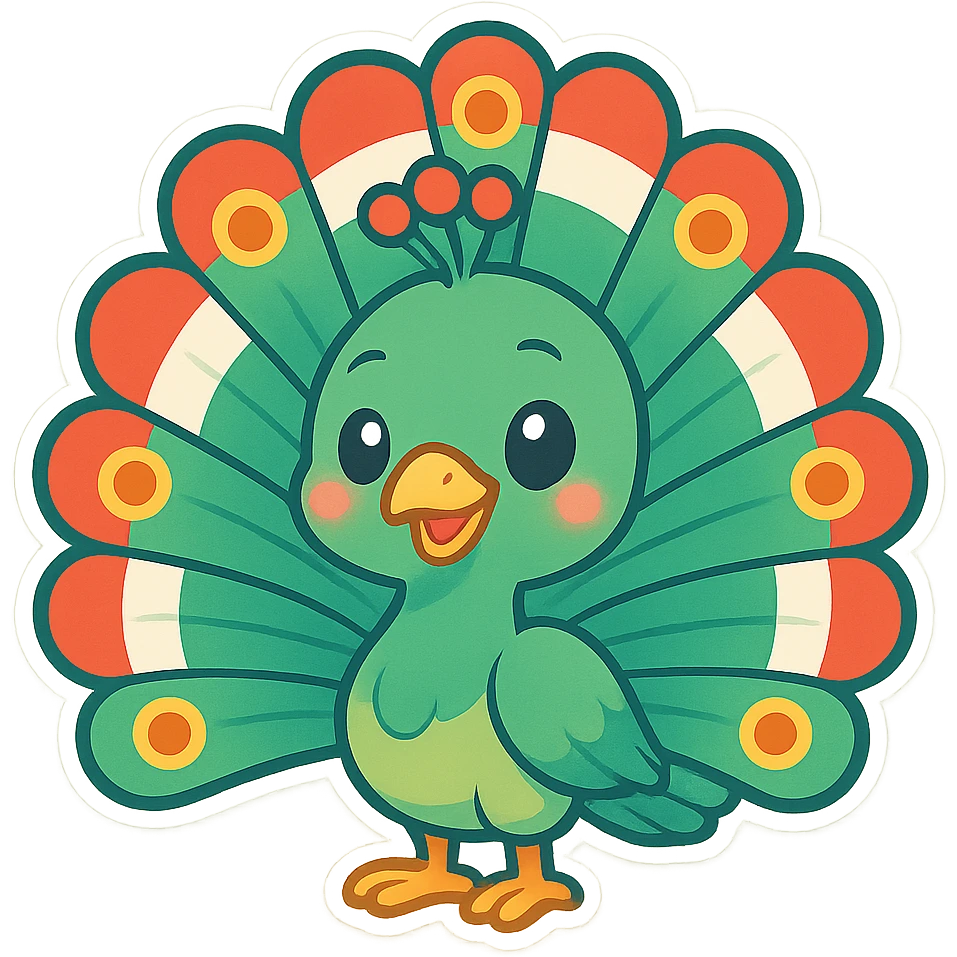 colorful and cheerful cartoon sticker of a Kurdish peacock (native to Kurdistan), no text, suitable for WhatsApp and Instagram, transparent background emoji