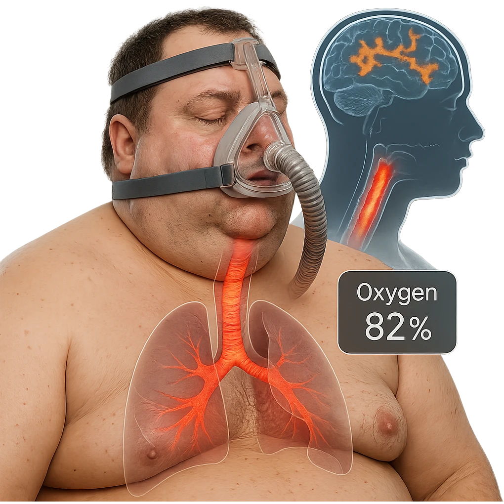hyper-realistic medical CGI of overweight man with CPAP mask, airway still partially compressed, trachea walls with red heat map, oxygen at 82%, brain scan overlay with disrupted sleep, 4K, clinical emoji