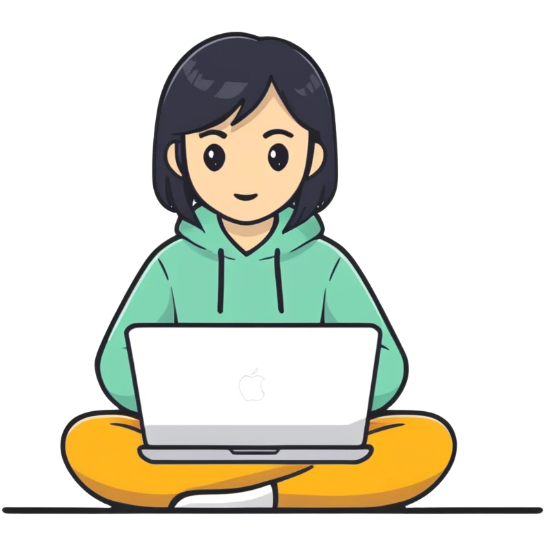 Asian girl with black hair sitting and watching a MacBook laptop emoji