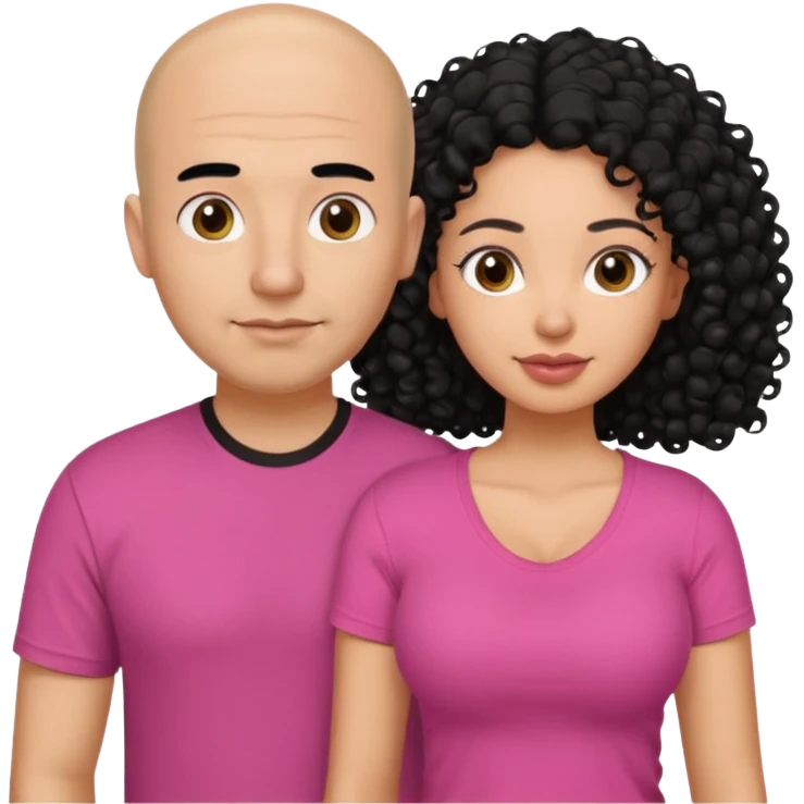 A picture if a couple. the man is a Mexican man with  black hair, a bald hair cut and with a black t-shirt on. the woman is mixed with black and white, with brown curly long hair and a pink shirt on and big boobs emoji