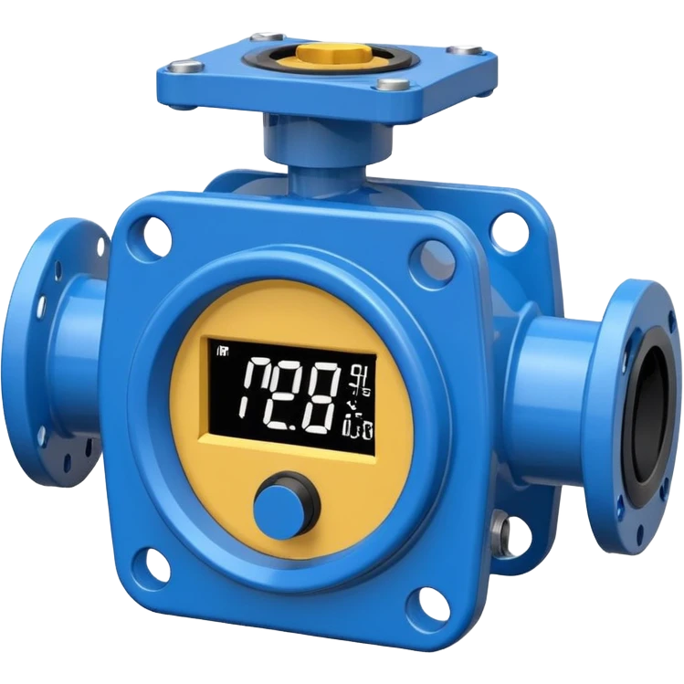 Mini caudalímetro color azul con brida y el medidor tipo digital emoji