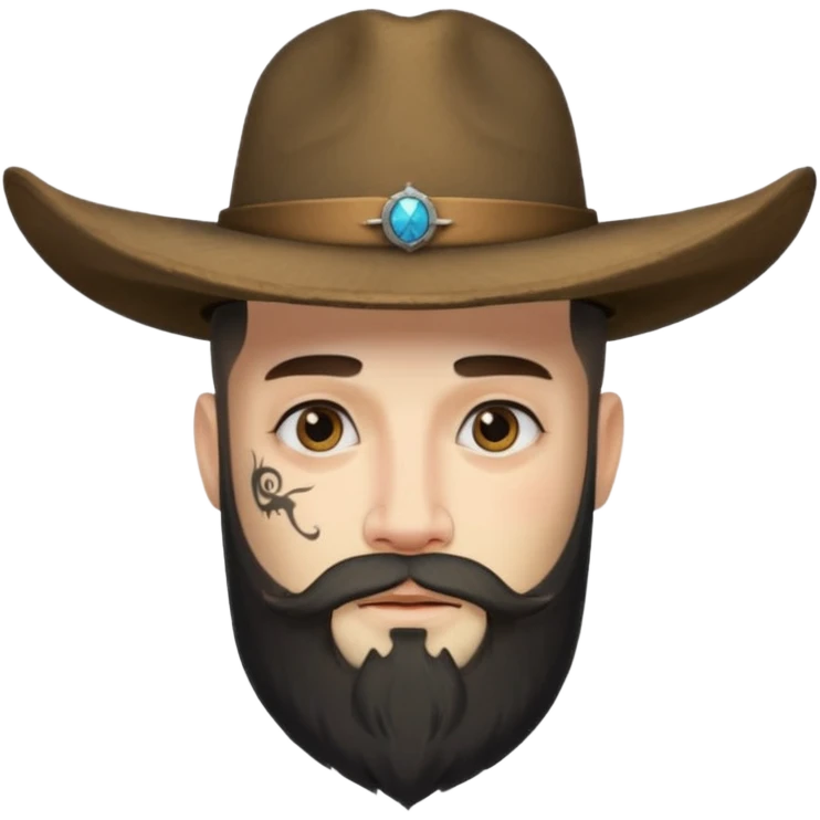Bearded figure — large hat, faint horn symbols, tattoo on face emoji