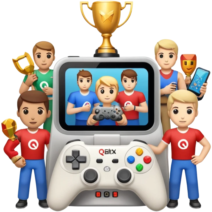 Gaming console with 'qbix88' displayed on screen, surrounded by trophy, controller and team of players emoji