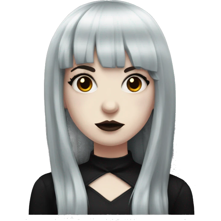 goth girl that has porcelain skin and Long Dark red hair and fringe bangs and is wearing black emoji
