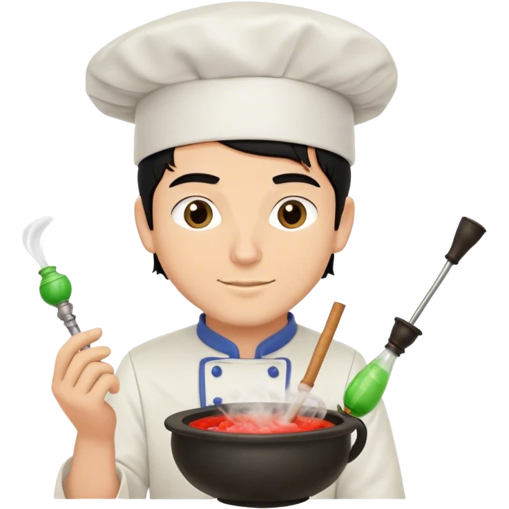 A white guy with black hair mixing a hookah bowl with a chef hats  emoji