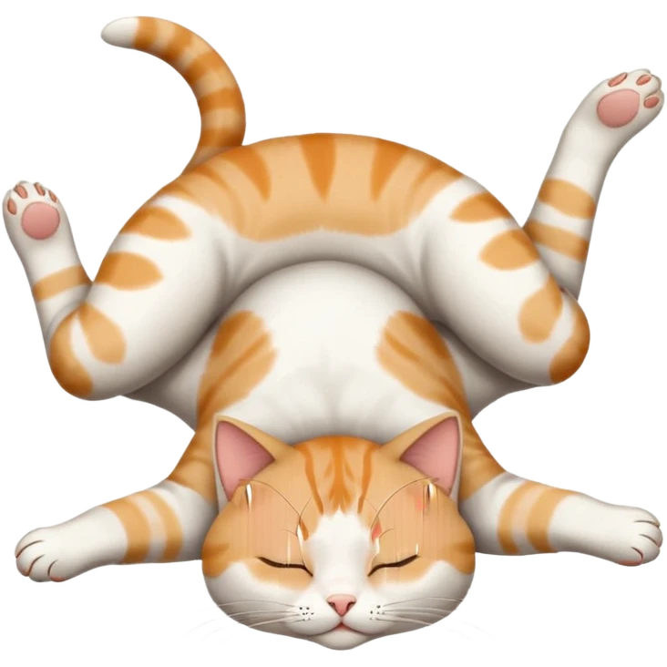 grey and white small cat eyes closed lying down upside down with paws stretched out straight in different directions emoji