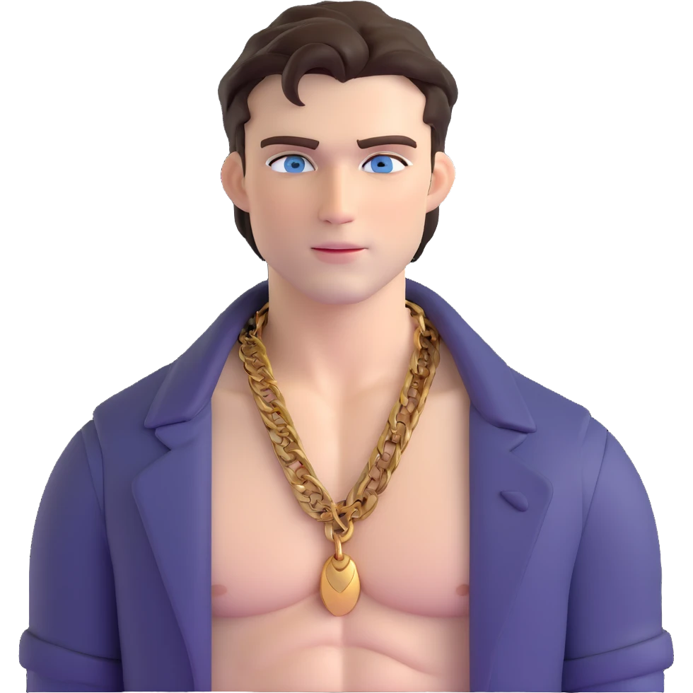 handsome male with intense blue-grey eyes, chiseled features, pale skin, confident smirk, dark brown styled hair, baddie energy, gold chain, very revealing open shirt showing chest and abs emoji
