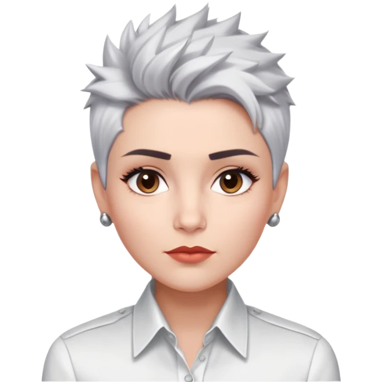 Marian Pabón with elegant facial features, light rosy complexion, expressive eyes, medium well-defined lips, sophisticated pronounced cheekbones, short spiky silver hair styled like a men's cut, dressed in a crisp white button-up shirt emoji