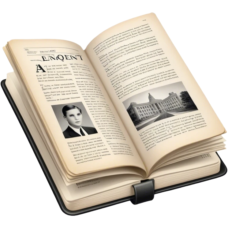 Icon for Non-Fiction & Narrative Reading: an open book with historical facts and narrative text on the pages, featuring black-and-white photos, news clippings, and an open folder with top-secret documents. Transparent background. emoji