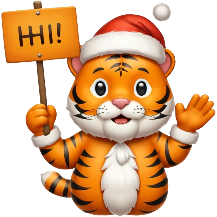 Happy Santa tiger holding a sign that says "Hi Jamie" emoji