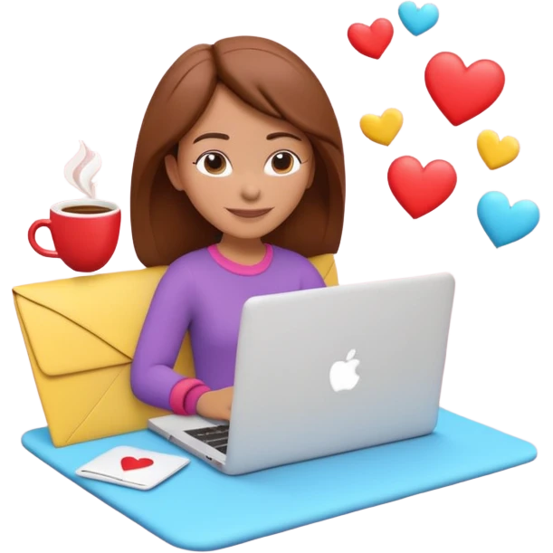 3D clay character relaxed with laptop and coffee, floating icons (envelope, heart, dollar), colofrful outfit, floating icons, white laptop, Pixar style, transparent background emoji