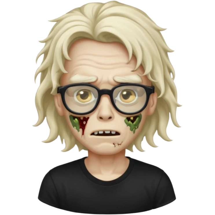 A zombie boy with long, wavy, falling hair, non-oval glasses, and a black t-shirt. emoji