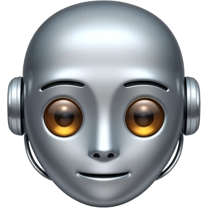 A cute futuristic robot emoji made of silver chrome, rounded friendly body, minimal facial features, glossy metallic surface, soft reflections, iOS emoji style, centered, clean white background emoji