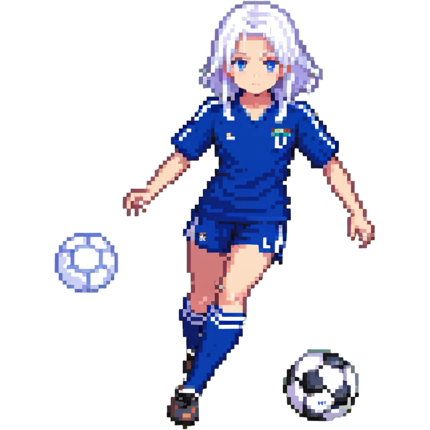 Nagi Seishiro from Blue Lock, pixel art style, mid-dribble, white hair, blue soccer uniform emoji