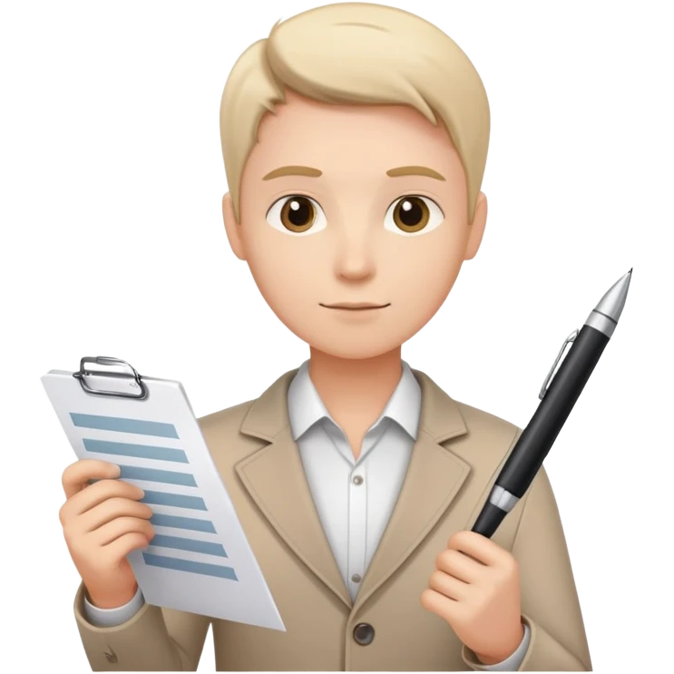 a person holding a checklist and pen, wearing smart casual clothing. The character is in a focused pose emoji