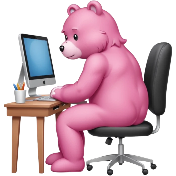 Pink Care bear sad in suit back view, sit on a chair, working on a computer, with a big desk emoji